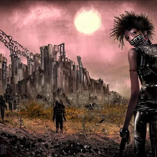 Prompt: 
Artwork. 

Wide shot on subject.

Post-apocalyptic, Gothic, Cyber-Punk themed World/environment
Subject: Maya is a 10-year-old-black-female in post-apocalyptic, cyber-punk, gothic, battle armor with blood stains on chest. 

Maya and her group stand atop a hill, overlooking a vast landscape. In the distance, they see the silhouette of a thriving community - a symbol of resilience and rebirth. The setting sun bathes everything in warm hues, signifying a new beginning. Maya's group is joined by other survivors, all making their way towards the growing community.
