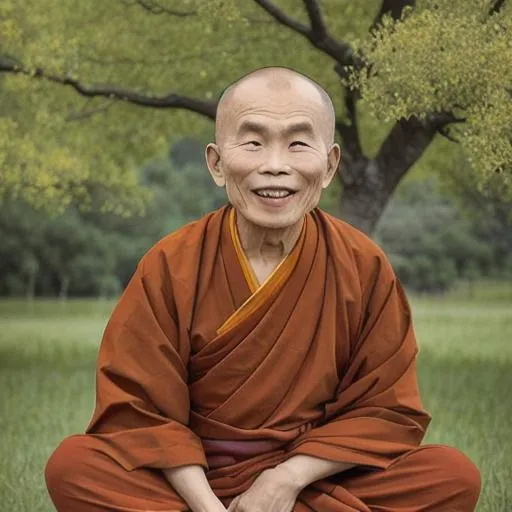 Prompt: UHD Thich Nhat Hanh smiling dressed in Buddhist monk attire sitting under a tree in the style of Andrew Wyeth 