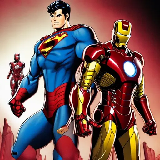 Prompt: super man and iron man stand in near