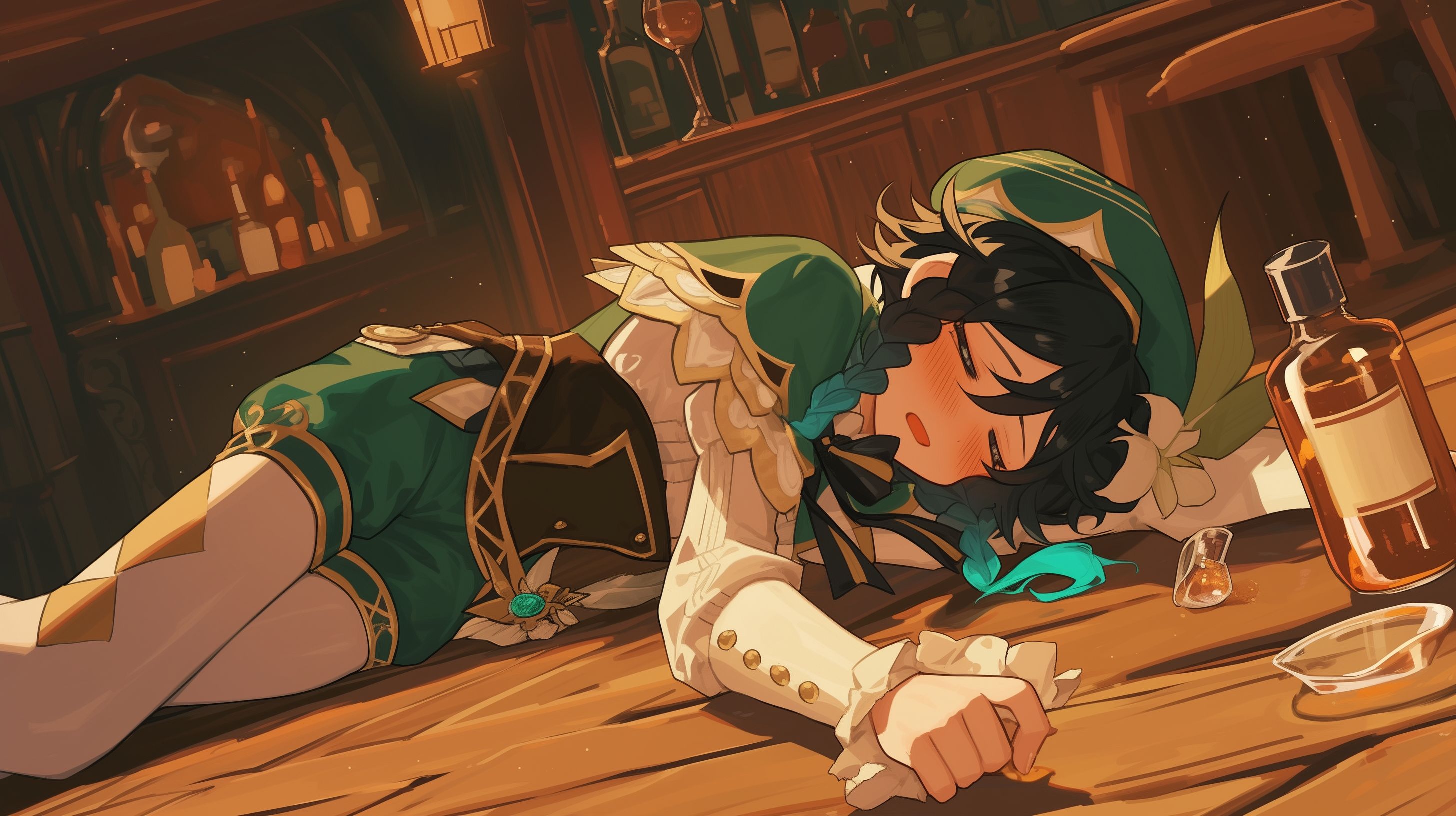 Prompt: venti from genshin impact, short thin adorable, red blush on face, holding a bottle of booze, passed out face down on the floor of a very detailed midevail bar --ar 16:9 --niji 6