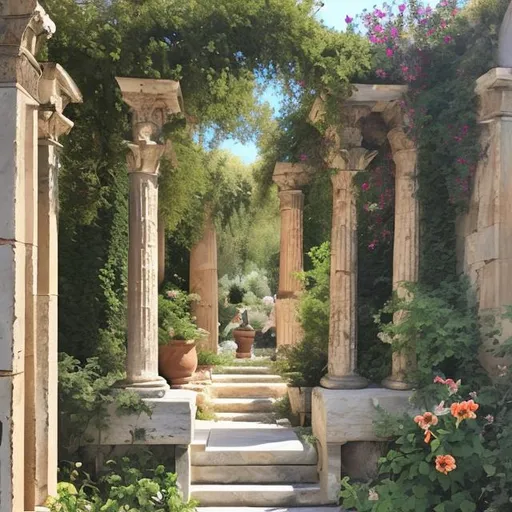 Prompt: A painting of Greek stone work into a secret garden 