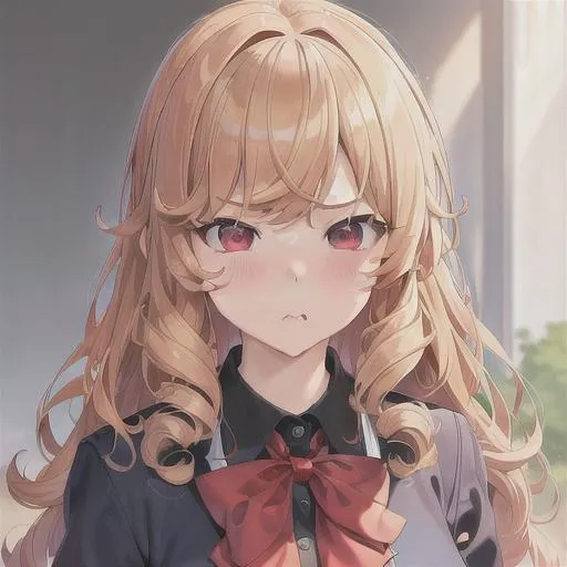 Prompt: (masterpiece, illustration, best quality:1.2), loli, tsundere, cute, tsundere, frustrated tsundere expression, portrait, curly yellow hair, red eyes, wearing school uniform, best quality face, best quality, best quality skin, best quality eyes, best quality lips, ultra-detailed eyes, ultra-detailed hair, ultra-detailed, illustration, colorful, soft glow, 1 girl, leading into a desk
