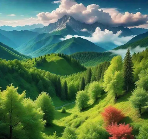 Prompt: Aesthetic nature with an impressive mountains and showy trees