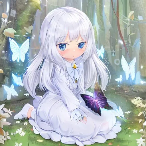 Prompt: cute little girl white hairs magic powers of butterflyes
