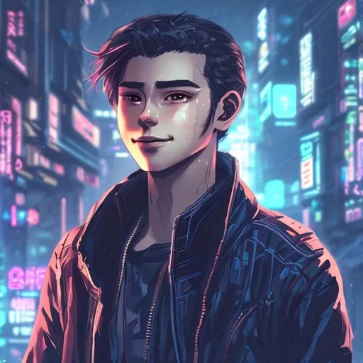 Prompt: Early 20's man in a cyberpunk setting, gentle smile
