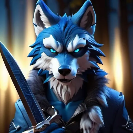 Prompt: 3D rendering of a furry blue wolf holding a dagger in the night, detailed fur with moonlit reflections, intense and focused gaze, high-res, realistic, fantasy, cool tones, moonlit night, detailed eyes, sleek design, professional, atmospheric lighting