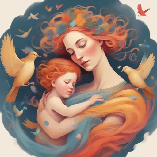 Prompt: A colourful and beautiful Persephone, with her hair being made out of clouds, lovingly cradling her daughter with birds in flight around her in a painted style