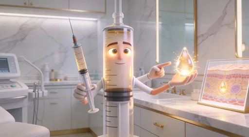 Prompt: Pixar-style 3D render of an aesthetic skin booster syringe displayed on a pristine med spa vanity.
   •   Eyes: calm, intelligent, reassuring glow
   •   Eyebrows: gently raised, professional and confident
   •   Mouth: clear, composed expression mid-explanation
   •   Arms: one arm pointing inward toward a glowing skin cross-section, the other holding a radiant droplet
   •   Scene: high-end aesthetic clinic, marble counter, soft white and gold lighting, clean cinematic Pixar-style look that feels medical yet luxurious