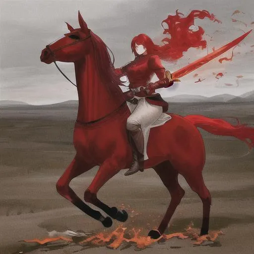 Prompt: horse, fiery red, went out. And it was granted to the one who sat on it to take peace from the earth, and that people should kill one another; and there was given to him a great sword” 