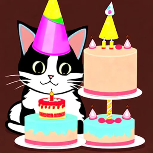 Prompt: a cat with a birthday cake, cartoonish, cute, kawai, funny