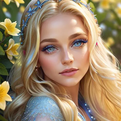 Prompt: Pixie dust princess, long blonde hair, sapphire eyes, yellow flowers in her hair,  facial closeup