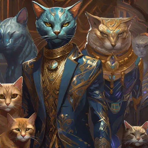 Prompt: a humanoid male alien with vaguely feline characters dressed in rich decorate ambassador dress. Marvel comics art. Rpg art. Artstation art. well draw face, detailed .2d art. 2d.