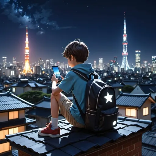 Prompt: a kid with a school backpack sitting on the top of a roof playing in his phone, leaning against a chimney in a Tokyo neighborhood, looking at a distant futuristic skyline of a city with tall towers at night, stars in sky, anime, highly detailed, uhd, 8k, 



