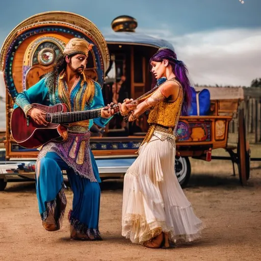 Prompt: A male gypsy playing guitar and a female gypsy dancing in front of a gypsy wagon