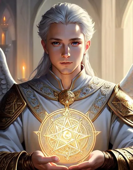 Prompt: Hyperdetailed masterpiece concept art of a D&D aasimar cleric man doing a ritual spell
 hyperdetailed concept art by Ross Tran, high quality DnD illustration, trending on ArtStation, detailed face, 