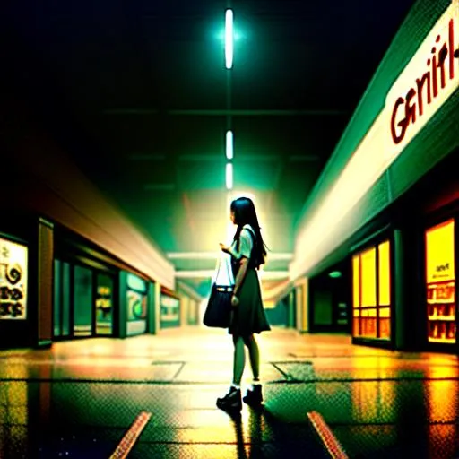 Prompt: A teenage girl in a deserted shopping mall, at night, creepy, dark, in the limbo, Silent Hill inspired, extremely detailed painting by Greg Rutkowski and by Henry Justice Ford and by Steve Henderson.