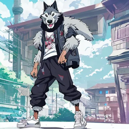 Prompt: A Tall, Fit, Big bearded, furry young adult Wolf Boy wearing Rapper's outfit and White Sneakers in anime Style