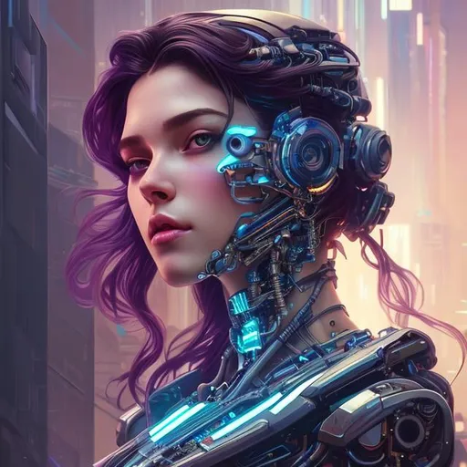 Prompt: "beautiful, young woman, cybernetic, cyberpunk, detailed gorgeous face, flowing hair, vaporwave aesthetic, synthwave , digital painting, artstation, concept art, smooth, sharp focus, illustration, art by artgerm and greg rutkowski and alphonse mucha"