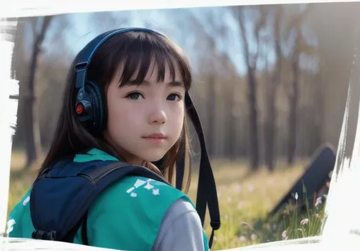 Prompt: A girl sitting on a bench in a peaceful meadow, wearing a backpack saying "PrestonPlayz" on it.