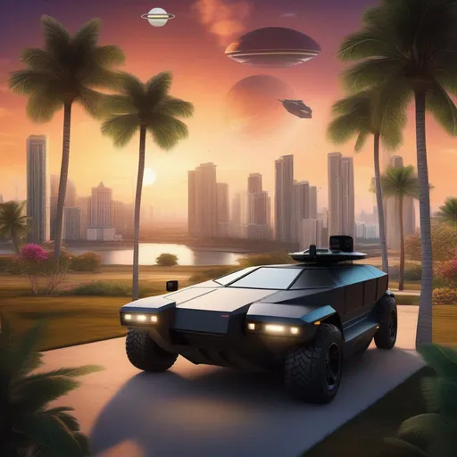 Prompt: A hovercar that looks like a Ferrari Humvee fusion, parked outside, a vehicle hovering off the ground, Space Miami Background, Planets visible in the background, Palm Trees,