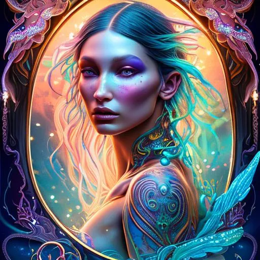 Prompt: Heavenly fantasy celestial female, bioluminescent prismatic opaline, colorful tribal tattoos, Illustration, Beautiful, Detailed, Intricate, Painting, Vibrant, Design, Landscape, Cinematic, Photorealistic, 4k, 8k, World, Artstation, styled like Wlop on artstation, Magical, golden hour, Closeup face portrait of Bella Hadid, smooth soft skin, big eyes, beautiful intricate colored hair, symmetrical, anime wide eyes, concept art, digital painting, looking into camera 
