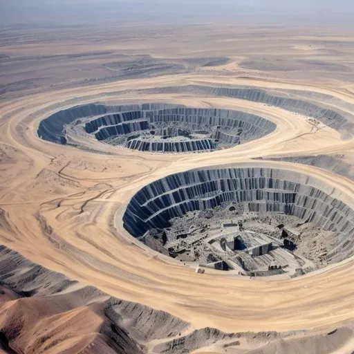 Prompt: open air diamond mine, deep, deep mine, huge, desert, aerial view, military base