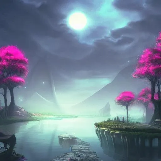 Prompt: Dark fantasy world, solarpunk, scenery, pink