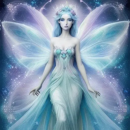 Prompt: fairy goddess, ethereal,dreamscape, cosmos, pale blue colors