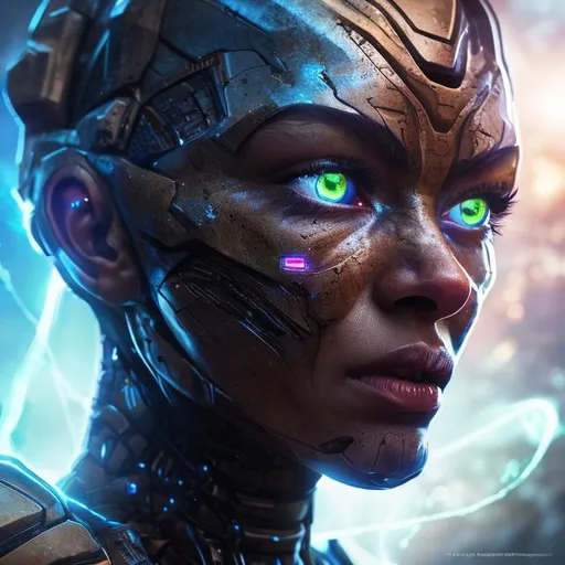 Prompt: hd quality, UHD, hd , 8k, hyper realism, armored female character with glowing dark blue eyes, she is warrior and amason from another planet, brown skin, photo realistic portrait of {object}, centered in frame, facing camera, symmetrical face, ideal human, 85mm lens,f8, photography, ultra details, natural light, light background, photo, Studio lighting