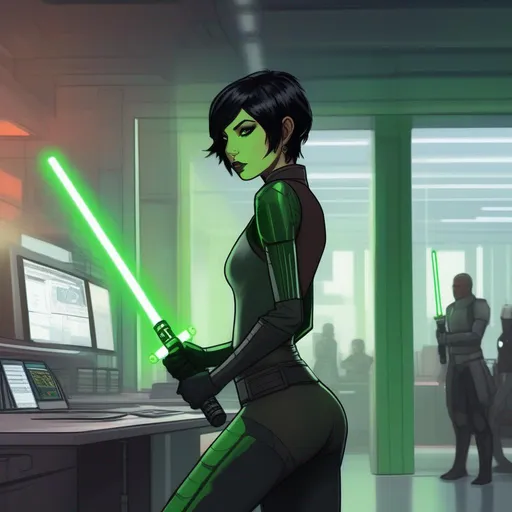 Prompt: a slender woman miralan enforcer. green skin. sith tatoos on face. She wield a lightsaber. short black hair, sneaky behavior. In background a scifi office. Star wars art. Rpg art. anime art. 2d. 2d art.