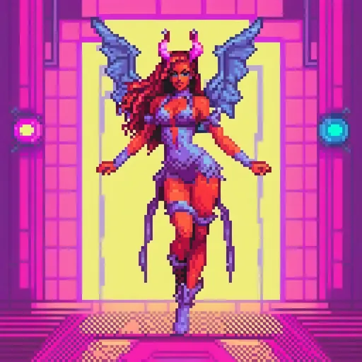 Prompt: a beautiful female demon in a dynamic pose in a retro futuristic synthwave cyberpunk neon paradise.  neon lighting, high quality, beautiful, masterpiece, artistic, synthwave, cyber, retro, futuristic