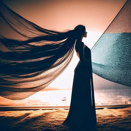 Prompt: Silhouette illustration of a woman 🗣️ long shawl. Curtains within a room with dark warm colors. Send with tiny  mark glowing. Cinematic lifestyle. Posing with elegance. Flying feathers with rain in window. Vibrant colorful background
