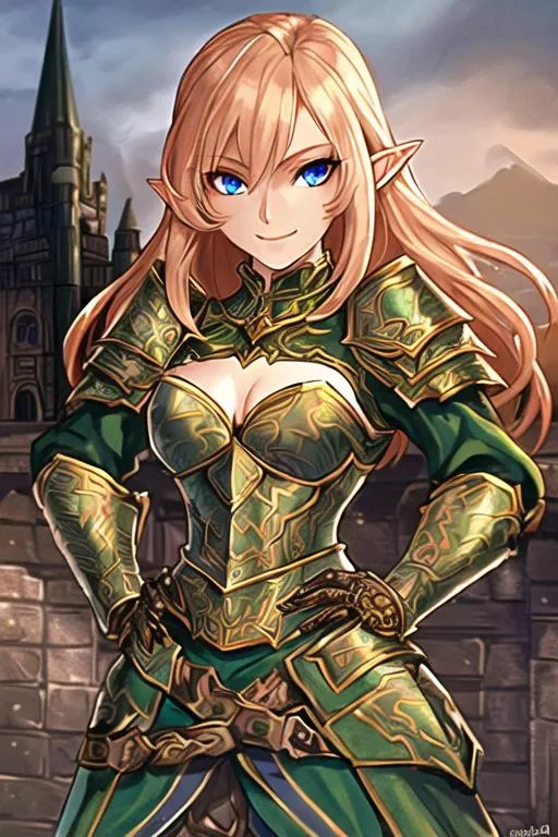 Prompt: Female High Elf, Copper-Blonde Hair, Blue eyes, small bust, heavy intricate Armour, intricate armored kilt, dark green clothes, brown boots, smiling, portrait, small cleavage, face lit by light, standing on a hill with a castle in the background, hands on hips.