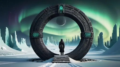 Prompt: magical portal between cities realms worlds kingdoms, circular portal, ring standing on edge, upright ring, freestanding ring, hieroglyphs on ring, complete ring, ancient aztec architecture, arctic winter setting, aurora borealis, panoramic view, dark night, futuristic cyberpunk tech-noir setting