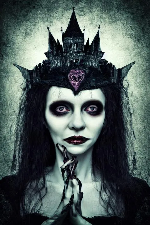 Prompt:  decay thin witch lady beautiful majestic in dark castle portrait insane suffering smile realistic gothic fairytale 