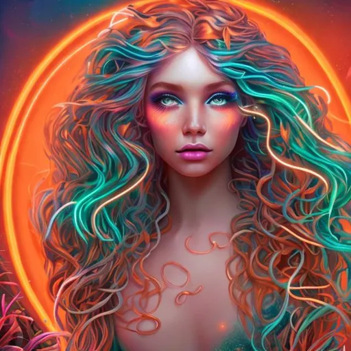Prompt: 
mermaid 
with long curly golden hair in a beautiful makeup mythical place neon orange ambience