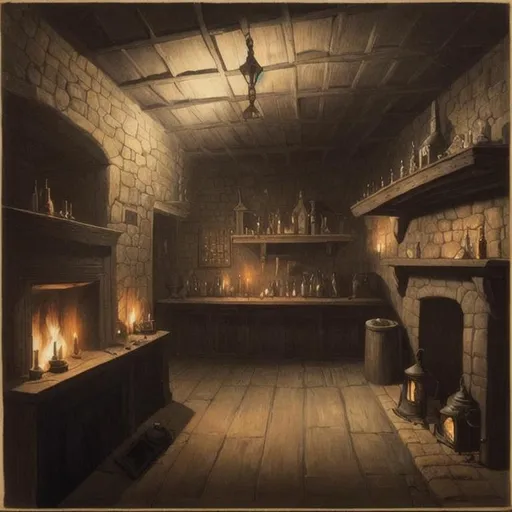 Prompt: a 14th century tavern interior, dark and mysterious, lit only by a small fireplace