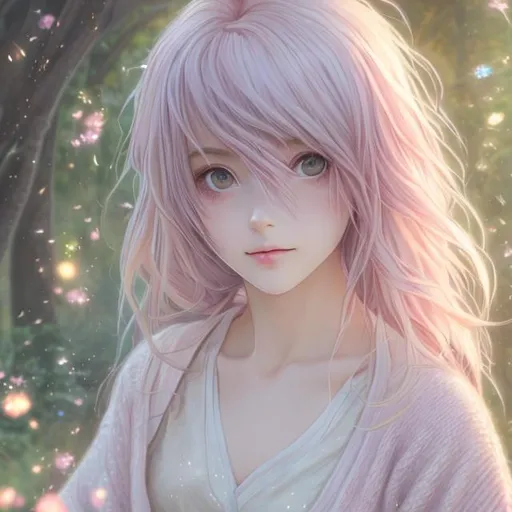 Prompt: anime portrait of a young female adult, anime eyes, beautiful, intricate, flowing, light pink hair, shimmer in the air, looking into camera shyly, wearing a white shirt and pastel yellow cardigan hanging over one shoulder