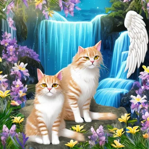 Prompt: Golden tuxedo tabby cat with white dipped paws with large pearl white angel wings sitting in wild flowers next to waterfall 