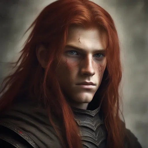 Prompt: young looking boy, realistic, long dyed red hair, red eyes, dark room, warm colors, cracked face, medieval, high definition, professional