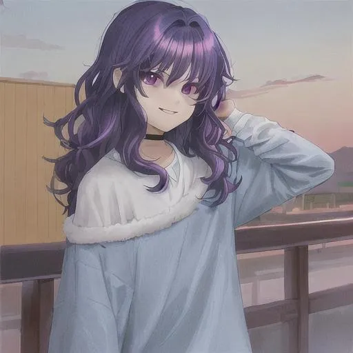 Prompt: high quality, boy, Korean, short fluffy hair, dyed sky blue, date with a girl,  Korean, long wavy dark hair dyed purple on the ends of her hair, 21st century, grinning