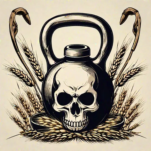 Prompt: draw A kettlebell with in the centre a skull besided some wheat, surrounded by  a scythe. 