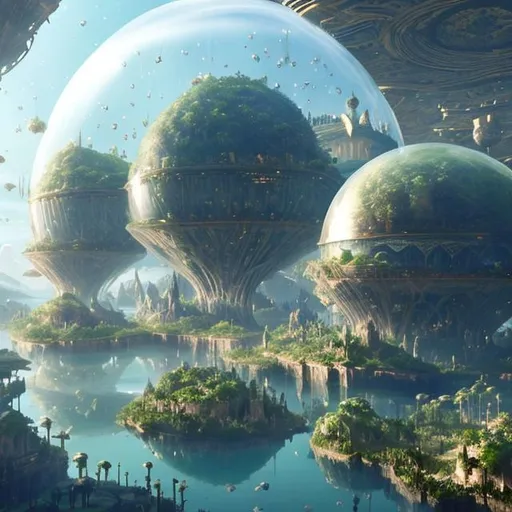 Prompt: Close caption of a fantasy world of floating cities protected by transparent glass domes.