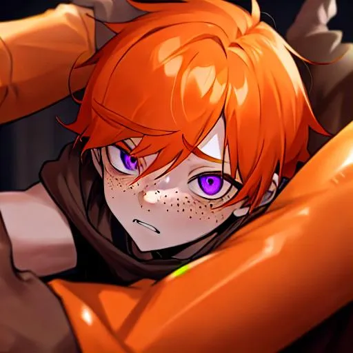 Prompt: Erikku male adult (short ginger hair, freckles, right eye blue left eye purple) UHD, 8K, Highly detailed, insane detail, best quality, high quality, tired