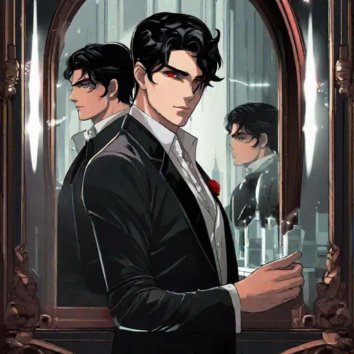 Prompt: Damien (male, short black hair, red eyes) placing his hand on the mirror staring at his reflection 