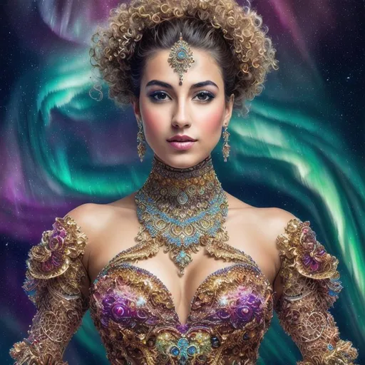 Prompt: {{{{highest quality concept art masterpiece}}}} digital drawing oil painting with {{visible fractal textured brush strokes}}, multicolor aurora julia clusters fractal sky light, full body visible elegant female full color brown Fractal hyperbolical geometry on voronoi dressed as french artist, looking at viewer, photography, Stunning, updo, detailed skin, extremely detailed face with eyes and iris, luxury jewelry, old manor Grease style realistic, photo-realistic,  highly detailed, full length frame, piercing,  amazing colors, surrounded by full color voronoi on julia clusters fractal sky, full color Fractal geometry exists in the foreground knowledge of the world, diffused soft lighting, shallow depth of field, sharp focus, hyperrealism, cinematic lighting highest quality, highest detail, Cinematic, Long Exposure,
