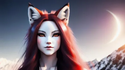 Prompt: Fox girl, woman, girl, fox, lady, fox woman, fox lady, female, female fox, fox female, long white hair, blood red eyes, midnight sky, {{{Hyper detailed}}}, {{{Photorealistic}}}, {{{Hyper realistic}}}