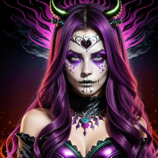 Prompt: Scary, Horror, Sinister, freeform dark chaos vivid bold, 3D, HD, [{one}({liquid metal {one}{Sugarskull}female, Beautiful big {heart-shaped}reflective eyes, long flowing hair, beautiful hands]::2, (clouds) with {purple gold pink green red silver blood}ink), ultra detailed full body artistic photography, detailed rugged Gorgeous detailed face, shadows, oil on canvas, brush strokes, ultra sharp focus, ominous, matte painting movie poster, golden ratio, epic, intricate, cinematic character render, hyper realistic, 64K --s98500