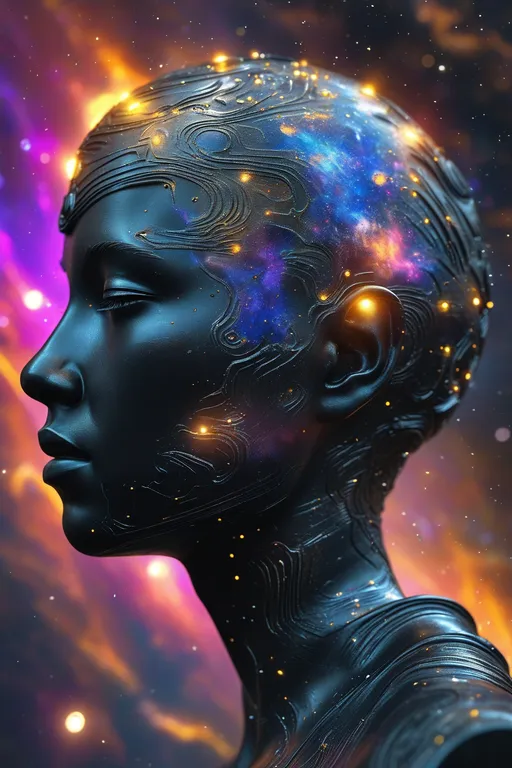 Prompt: Black statue with a galaxy  cluster making its head, striking cosmic beauty, vibrant background, immersive space art, intricate galaxy details, futuristic cyberpunk aesthetic, dramatic lighting creating deep shadows, high-definition, ultra-detailed with a celestial vibe, encapsulating the essence of Ai-Mitsu and the mysteries of the universe.