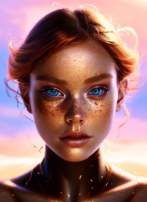 Prompt: Portrait of girl with copper hair and with pretty face, dark brown eyes, summer sunset vibe, perfect composition, hyperrealistic, super detailed, 8k, high quality, trending art, trending on artstation, sharp focus, studio photo, intricate details, highly detailed, sunkissed